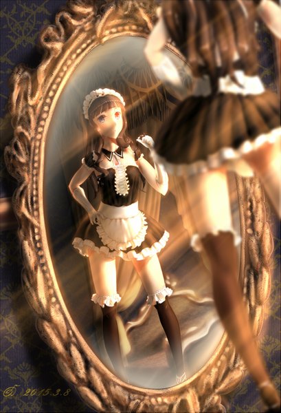 Anime picture 1953x2866 with original libai tian bu libai single long hair tall image looking at viewer highres blue eyes black hair red eyes standing sunlight from below maid zettai ryouiki puffy sleeves heterochromia adjusting hair dated reflection