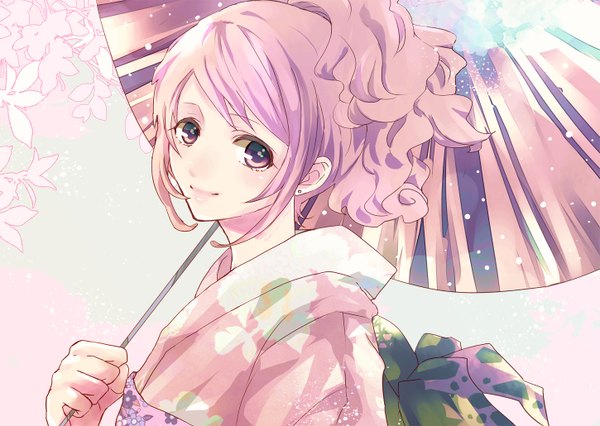 Anime picture 1450x1030 with original alicetype single looking at viewer short hair smile pink hair ponytail traditional clothes japanese clothes pink eyes girl kimono umbrella