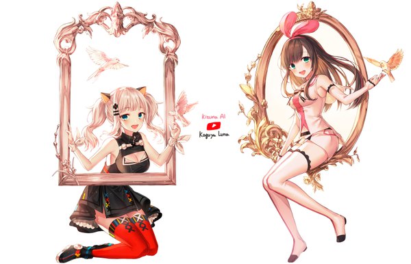 Anime picture 6208x4000 with virtual youtuber a.i. channel the moon studio kizuna ai kaguya luna kh (kh 1128) long hair looking at viewer blush fringe highres breasts open mouth simple background brown hair white background sitting twintails multiple girls payot