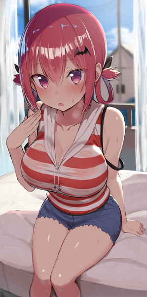Anime picture 1434x2880 with gabriel dropout doga kobo satanichia kurumizawa mcdowell greatmosu single tall image looking at viewer blush fringe short hair breasts open mouth light erotic hair between eyes large breasts sitting purple eyes bare shoulders payot sky