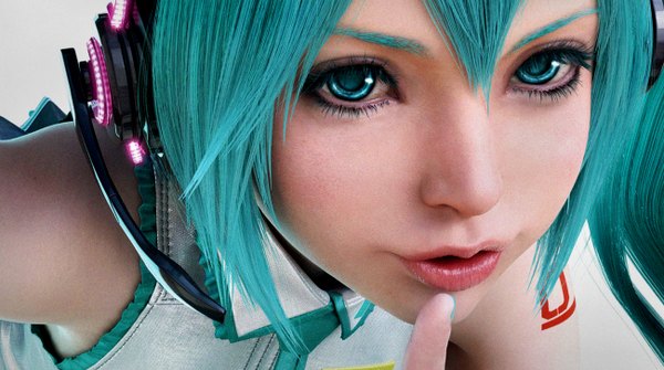 Anime picture 1300x726 with vocaloid hatsune miku nomura tetsuya single long hair wide image aqua eyes lips realistic aqua hair finger to mouth close-up face 3d girl headphones