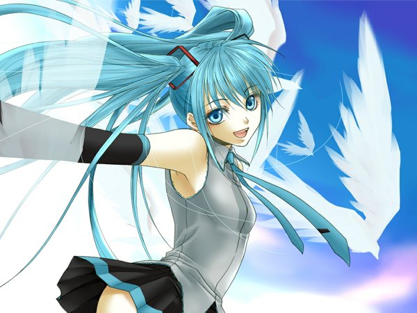 Anime picture 1024x768 with vocaloid hatsune miku yuzelhu (artist) single long hair open mouth blue eyes smile twintails bare shoulders blue hair girl skirt detached sleeves miniskirt animal necktie bird (birds)