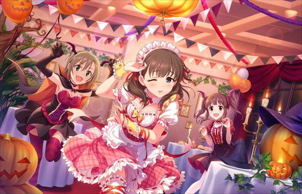 Anime picture 1280x824 with idolmaster idolmaster cinderella girls sakuma mayu tada riina ogata chieri long hair short hair blue eyes brown hair twintails multiple girls brown eyes one eye closed halloween treat-or-treat girl thighhighs dress gloves black gloves