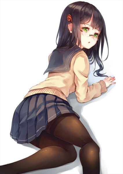 Anime picture 637x900 with original paseri single long hair tall image looking at viewer blush fringe open mouth light erotic brown hair white background green eyes bent knee (knees) lying pleated skirt :o on side girl skirt