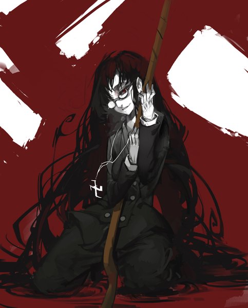 Anime picture 1400x1740 with hellsing rip van winkle rained (artist) single tall image black hair red eyes very long hair light smile kneeling red background nazi girl gloves glasses suit