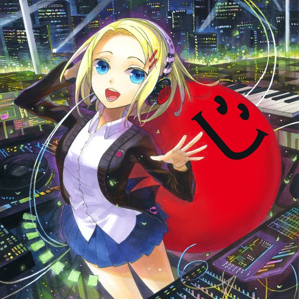 Anime picture 1000x1000 with original fuumi (radial engine) single looking at viewer short hair open mouth blue eyes blonde hair standing holding pleated skirt teeth city city lights dj girl skirt miniskirt shirt white shirt