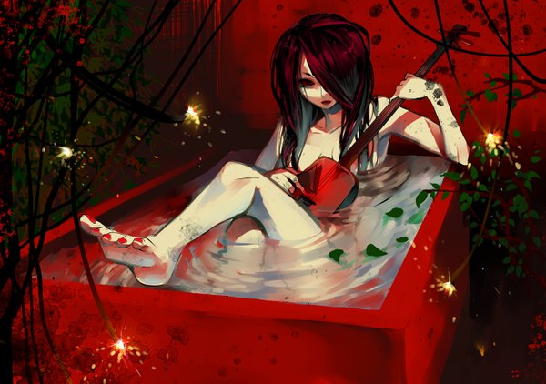 Anime picture 1500x1057 with original ot-nm single blush light erotic red eyes bare shoulders red hair nail polish barefoot nude lips red lipstick hair over breasts girl water leaf (leaves) musical instrument bath shamisen