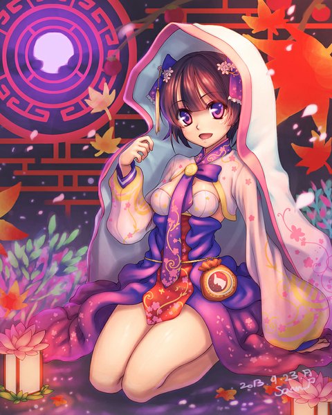 Anime picture 768x960 with sword girls ecell (artist) single tall image looking at viewer short hair breasts brown hair purple eyes traditional clothes parted lips japanese clothes legs girl hair ornament