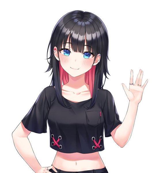 Anime picture 1200x1304 with original soyubee single long hair tall image looking at viewer blush fringe blue eyes black hair simple background smile white background upper body blunt bangs head tilt multicolored hair arm up two-tone hair midriff
