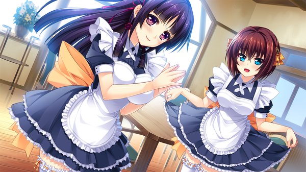 Anime picture 1280x720 with tsuyokiss next tsushima hakari long hair blush short hair open mouth blue eyes smile brown hair wide image purple eyes multiple girls game cg purple hair maid girl thighhighs dress 2 girls white thighhighs