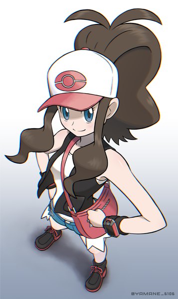 Anime picture 1960x3290 with pokemon pokemon black and white nintendo hilda (pokemon) toumin nezumi single long hair tall image looking at viewer highres blue eyes simple background smile brown hair standing signed payot full body ponytail from above