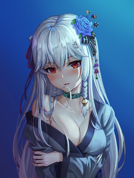 Anime picture 1000x1331 with arknights specter (arknights) dddsunsky single long hair tall image looking at viewer blush fringe breasts open mouth light erotic simple background hair between eyes red eyes large breasts standing cleavage silver hair upper body