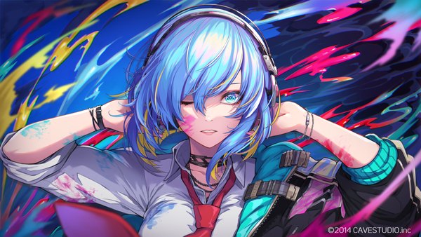 Anime picture 1800x1013 with original re (re 09) single looking at viewer fringe highres short hair blue eyes hair between eyes wide image blue hair parted lips arms up dirty girl shirt choker bracelet white shirt paint