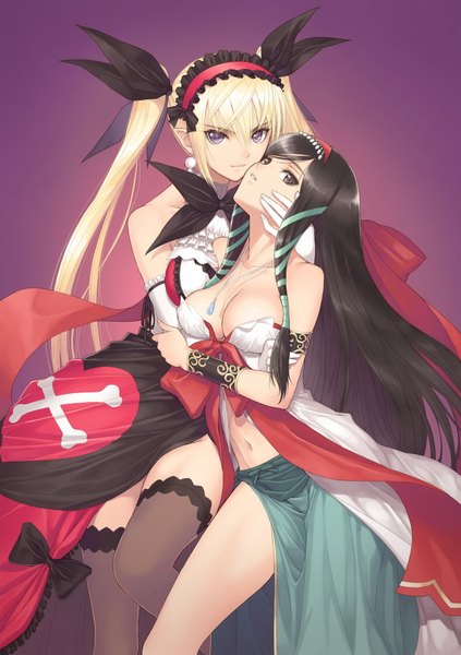 Anime picture 1281x1815 with shining (series) shining hearts mistral nereis kaguya (shining hearts) tony taka long hair tall image highres breasts light erotic black hair blonde hair purple eyes twintails bare shoulders multiple girls absurdres black eyes official art hug