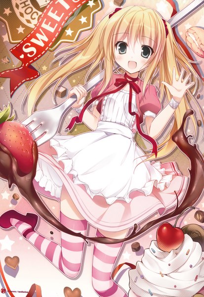 Anime picture 2500x3626 with original karory single long hair tall image blush highres open mouth blue eyes blonde hair twintails girl thighhighs dress food sweets striped thighhighs berry (berries) strawberry chocolate
