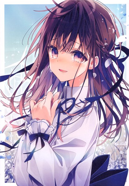 Anime picture 3208x4619 with original oshio (dayo) single long hair tall image looking at viewer blush fringe highres open mouth hair between eyes brown hair standing brown eyes absurdres sky cloud (clouds) upper body braid (braids) long sleeves