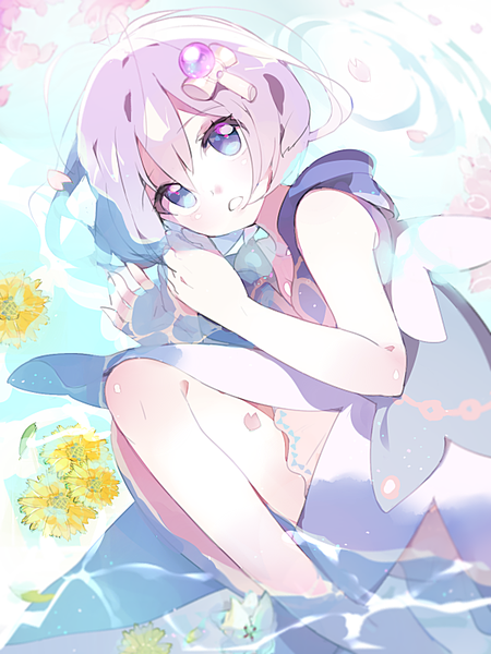 Anime picture 600x800 with original atsumi jun single tall image looking at viewer short hair purple eyes bare shoulders pink hair parted lips partially submerged embryo's pose girl dress hair ornament flower (flowers) petals water