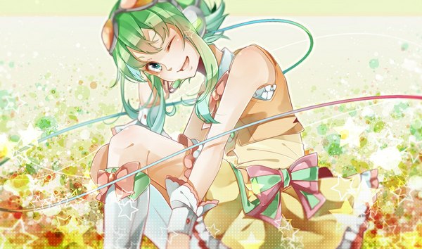 Anime picture 1100x650 with vocaloid gumi nou single looking at viewer short hair open mouth wide image sitting bare shoulders green eyes one eye closed green hair wink girl boots star (symbol) wrist cuffs goggles wire (wires)