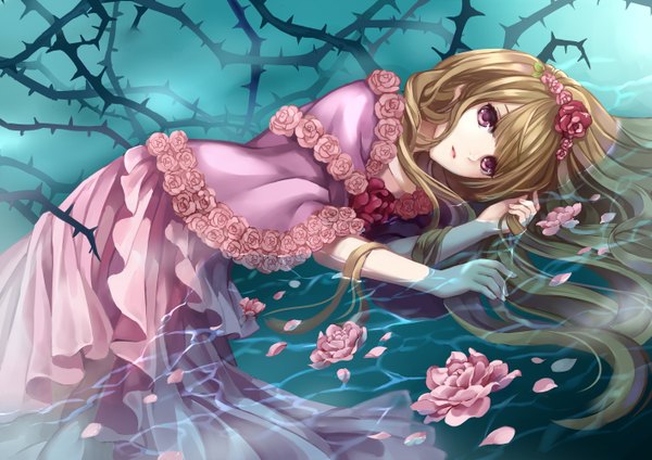 Anime picture 1414x1000 with sound horizon monogo long hair looking at viewer brown hair purple eyes lying hair flower girl dress hair ornament flower (flowers) petals water thorns