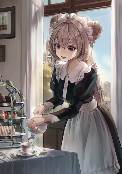 Anime picture 3435x4905 with original espi single long hair tall image fringe highres open mouth blonde hair smile hair between eyes standing purple eyes looking away absurdres indoors :d maid hair bun (hair buns) pouring