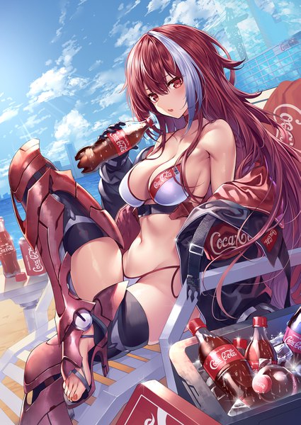 Anime picture 1003x1416 with original coca-cola heirou single long hair tall image looking at viewer blush fringe breasts open mouth light erotic hair between eyes red eyes large breasts sitting holding payot sky cleavage