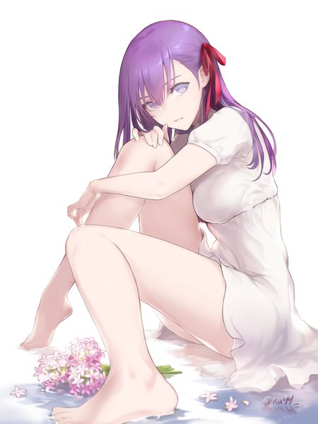Anime picture 1000x1334 with fate (series) fate/stay night matou sakura ku99 (kugugu) single long hair tall image looking at viewer fringe simple background white background purple eyes signed purple hair bent knee (knees) parted lips head tilt bare legs legs twitter username