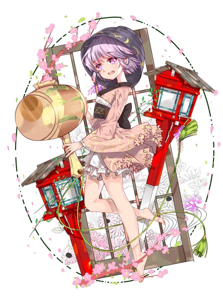 Anime picture 2551x3437 with touhou sukuna shinmyoumaru hate ani hikae single tall image looking at viewer highres open mouth white background purple eyes purple hair traditional clothes japanese clothes barefoot girl flower (flowers) kimono branch lantern short kimono