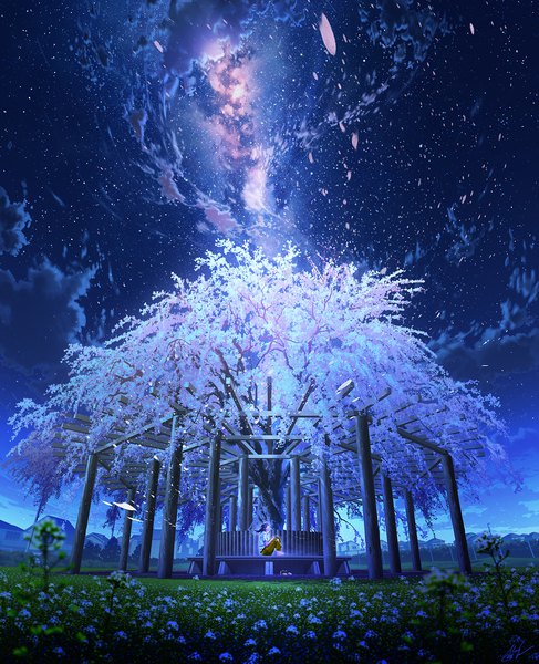 Anime picture 1203x1482 with original mocha (cotton) single long hair tall image open mouth black hair sitting cloud (clouds) full body outdoors profile barefoot night short sleeves night sky cherry blossoms scenic milky way girl