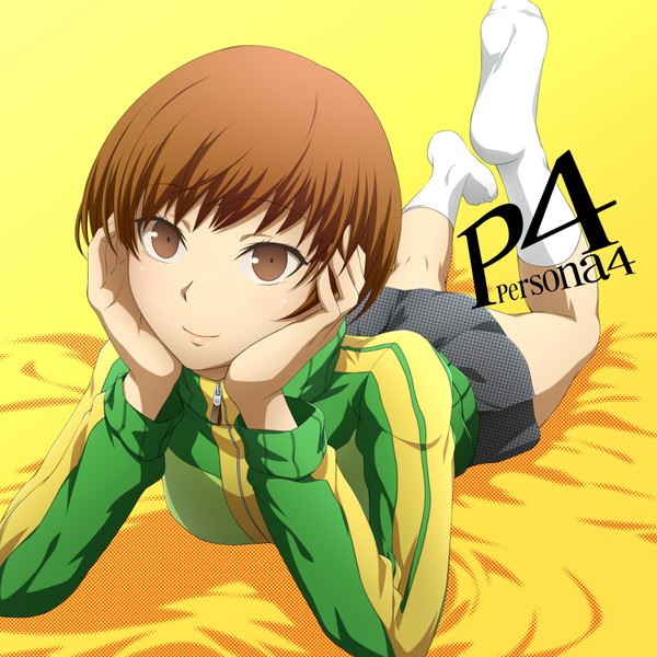 Anime picture 1695x1695 with persona 4 persona satonaka chie kokutou single short hair smile brown hair brown eyes no shoes girl skirt miniskirt socks white socks sweater