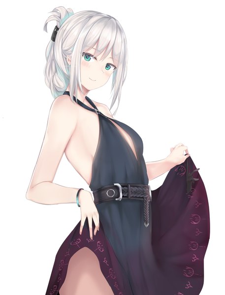 Anime picture 1600x2100 with girls frontline an-94 (girls frontline) an-94 (silent rouge) (girls' frontline) ru zhai single tall image looking at viewer blush fringe short hair breasts simple background smile hair between eyes standing white background bare shoulders holding payot silver hair