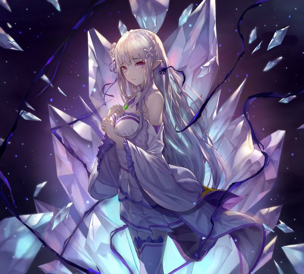 Anime-Bild 2902x2622 mit re:zero kara hajimeru isekai seikatsu white fox emilia (re:zero) dal song single long hair looking at viewer blush fringe highres breasts simple background standing purple eyes payot silver hair braid (braids) parted lips pleated skirt hair flower