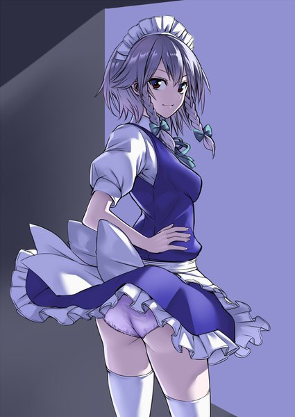 Anime picture 800x1129 with touhou izayoi sakuya takemori shintarou single tall image looking at viewer fringe short hair light erotic simple background hair between eyes red eyes silver hair braid (braids) looking back maid hand on hip twin braids girl thighhighs