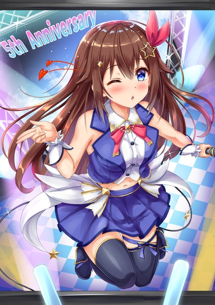 Anime picture 1748x2480 with virtual youtuber hololive tokino sora kyamu (qqea92z9n) single long hair tall image looking at viewer blush fringe highres blue eyes hair between eyes brown hair one eye closed wink sleeveless jumping anniversary blown kiss
