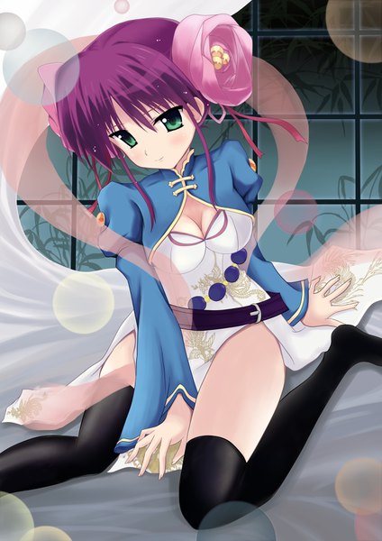 Anime picture 2480x3507 with campione! luo cuilian guhua67 single tall image blush fringe highres short hair breasts light erotic hair between eyes sitting green eyes payot looking away cleavage purple hair indoors long sleeves