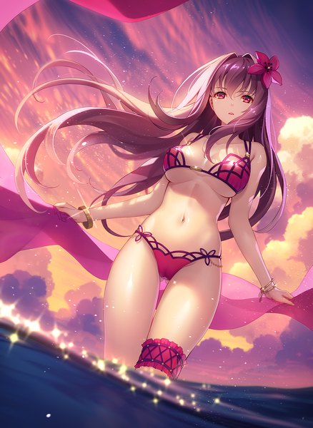 Anime picture 1000x1369 with fate (series) fate/grand order scathach (fate) (all) scathach (swimsuit assassin) (fate) tidsean single long hair tall image looking at viewer fringe breasts light erotic hair between eyes red eyes large breasts standing holding sky cleavage purple hair