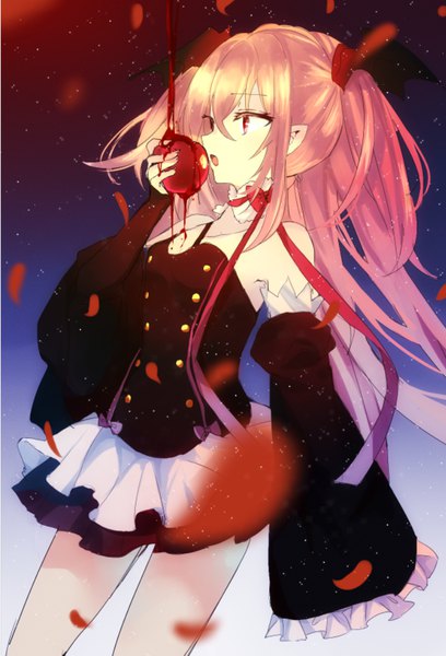 Anime picture 737x1084 with owari no seraph wit studio kururu tepes meizipa single long hair tall image blush fringe open mouth hair between eyes red eyes looking away pink hair long sleeves profile pointy ears wide sleeves two side up sleeves past wrists