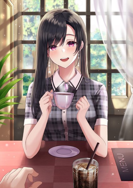 Anime picture 1500x2116 with original gongha single long hair tall image looking at viewer blush fringe open mouth black hair smile hair between eyes purple eyes holding :d sunlight teeth short sleeves girl earrings