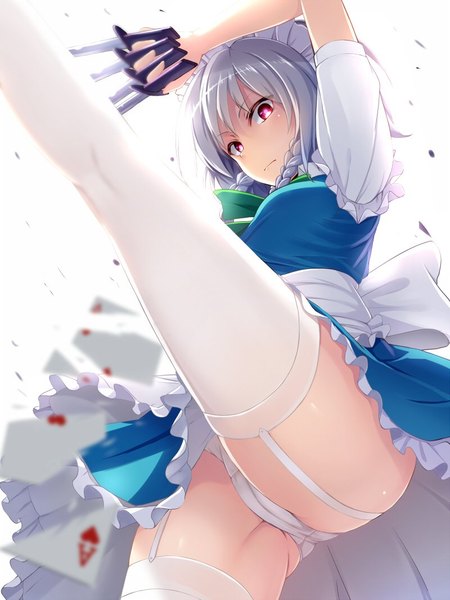 Anime picture 800x1066 with touhou izayoi sakuya single tall image short hair light erotic red eyes silver hair maid girl thighhighs uniform underwear panties white thighhighs headdress maid headdress white panties knife