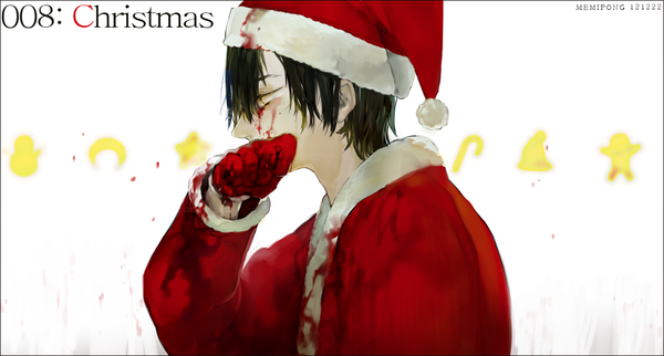 Anime picture 1211x650 with memipong single short hair black hair simple background wide image white background yellow eyes profile inscription fur trim christmas framed boy gloves fur blood santa claus hat santa claus costume