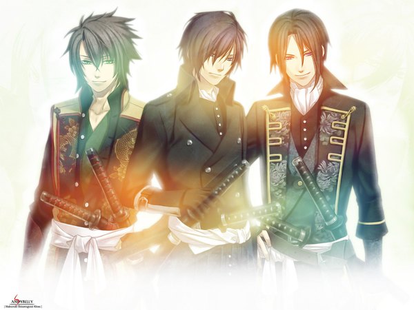 Anime picture 2048x1536 with hakuouki shinsengumi kitan studio deen saito hajime okita souji (hakuouki) hijikata toshizou (hakuouki) highres short hair blue eyes black hair simple background smile brown hair white background green eyes purple hair scan inscription multiple boys group boy