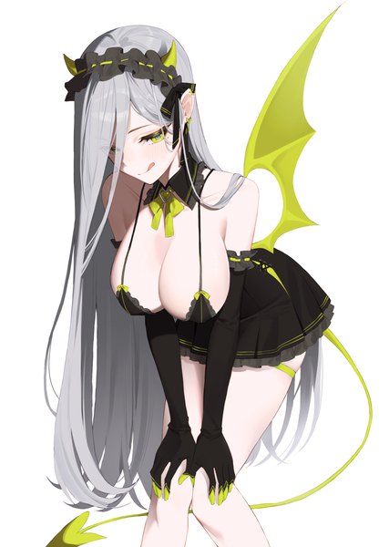 Anime-Bild 3043x4271 mit original yoru (0 0yoru) single long hair tall image looking at viewer blush fringe highres breasts light erotic simple background smile large breasts standing white background green eyes absurdres silver hair tail