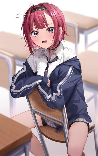 Anime picture 632x1000 with shino to ren shirayuki ren chigusa minori single tall image looking at viewer blush fringe short hair open mouth smile sitting red hair indoors blunt bangs long sleeves :d blurry off shoulder open jacket