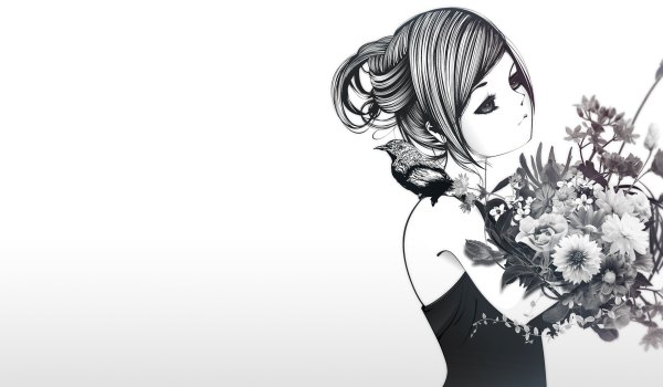 Anime picture 1200x700 with original qsixtynine single simple background wide image black eyes monochrome girl flower (flowers) animal bird (birds) bouquet