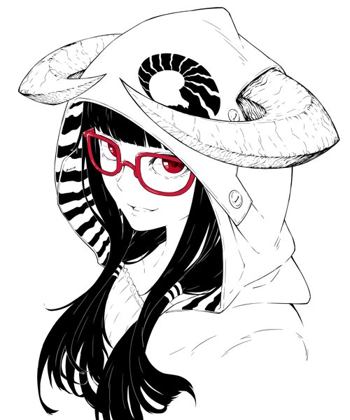 Anime picture 1000x1200 with original jaco single long hair tall image looking at viewer fringe black hair simple background smile red eyes white background horn (horns) girl glasses hood