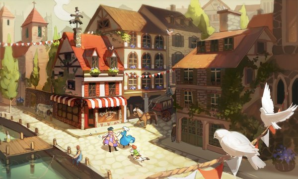 Anime picture 1024x617 with howl's moving castle studio ghibli howl sophie hatter markl turnip head (prince justin) short hair black hair wide image standing blue hair white hair from behind orange hair city spread arms smoke running street fishing