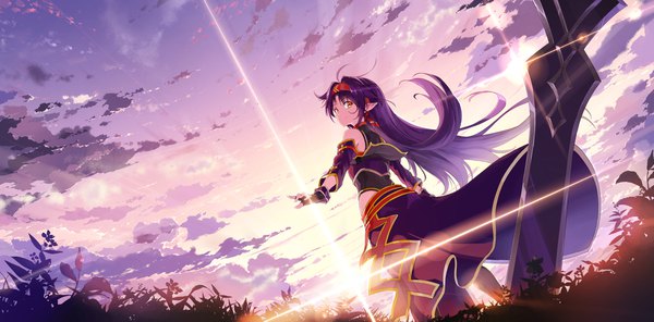 Anime picture 4329x2140 with sword art online a-1 pictures yuuki (sao) kyokucho single long hair looking at viewer highres smile wide image standing yellow eyes absurdres sky purple hair cloud (clouds) ahoge looking back wind pointy ears