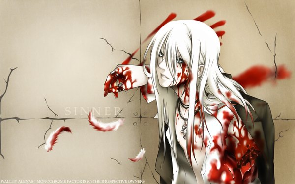 Anime picture 1920x1200 with monochrome factor shirogane highres blue eyes wide image white hair boy blood