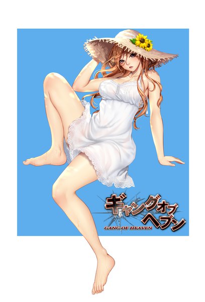 Anime picture 816x1200 with tokyo exe girls masami chie single long hair tall image looking at viewer blush light erotic brown hair barefoot black eyes bare legs copyright name girl dress flower (flowers) hat sundress straw hat