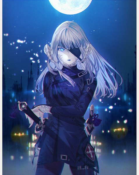 Anime picture 900x1131 with final fantasy final fantasy xiv square enix au ra shionty single long hair tall image looking at viewer fringe blue eyes standing holding white hair blunt bangs horn (horns) lipstick city facial mark dual wielding