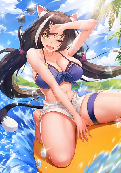 Anime picture 1751x2500 with princess connect! re:dive princess connect! karyl (princess connect!) obaoba (monkeyix) single long hair tall image looking at viewer blush fringe highres open mouth light erotic black hair smile sitting twintails green eyes animal ears payot